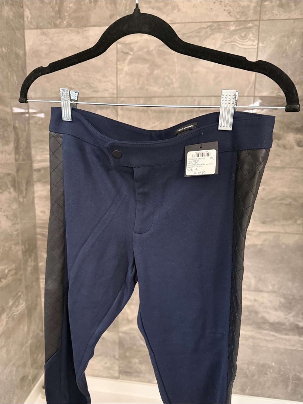 Club Monaco Navy Leggings with Quilted Black Side Panels